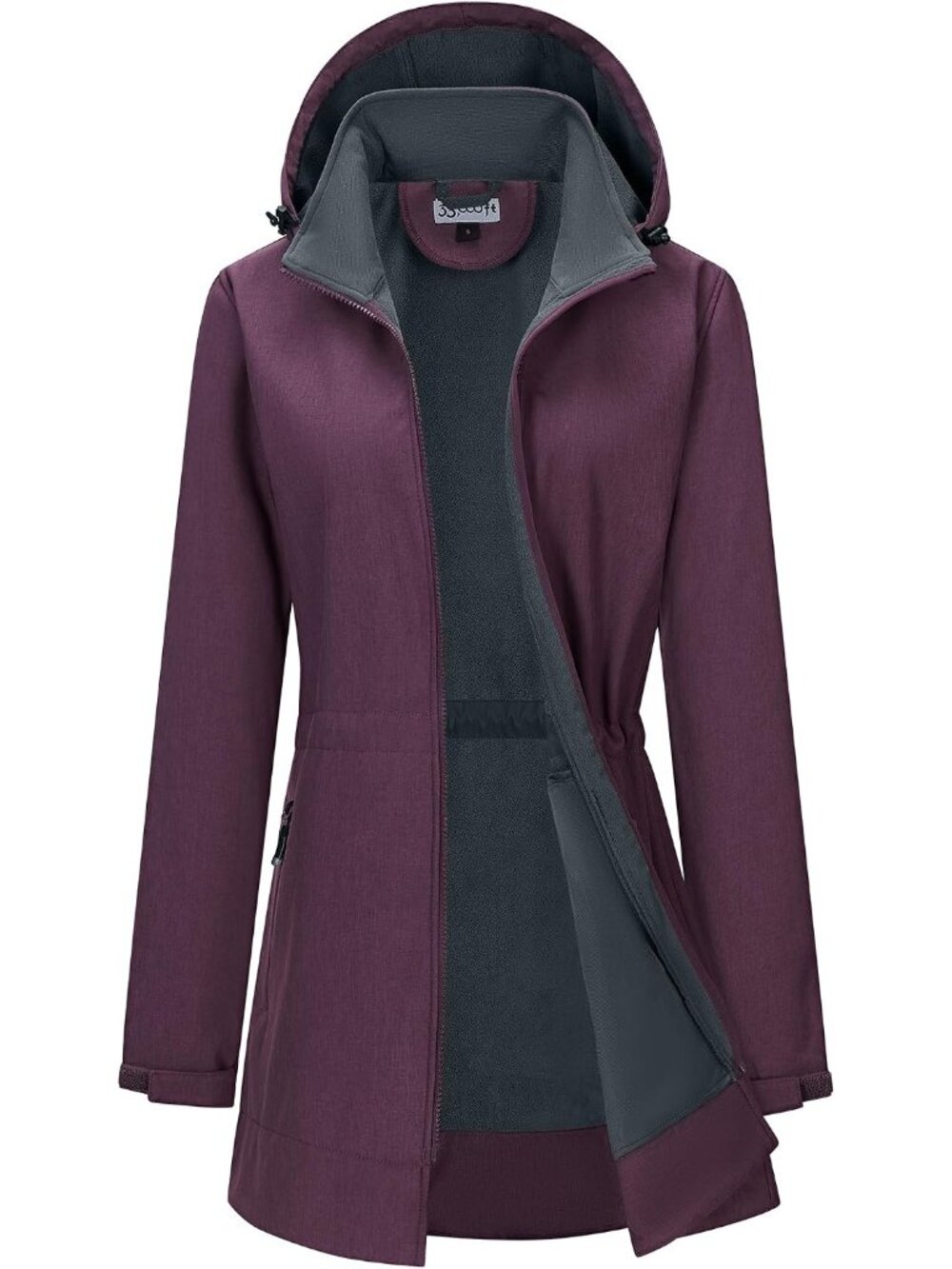 Womens Purple Hooded Fleece Lined Softshell Full Zip Long Waterproof Rain Jacket